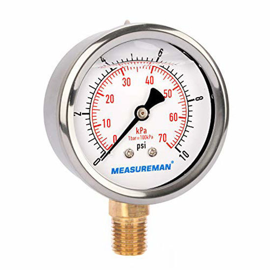 Picture of MEASUREMAN 2" Dial Size, Glycerin Filled Plumbing Pressure Gauge, 0-100psi, Black Steel Case, 1/4"NPT Lower Mount