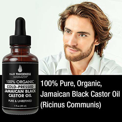 Picture of 100% Organic Cold-Pressed Jamaican Black Castor Oil (1fl Oz) by Hair Thickness Maximizer. Pure Unrefined Oils for Thickening Hair, Eyelashes, Eyebrows. Avoid Hair Loss, Thinning Hair for Men and Women
