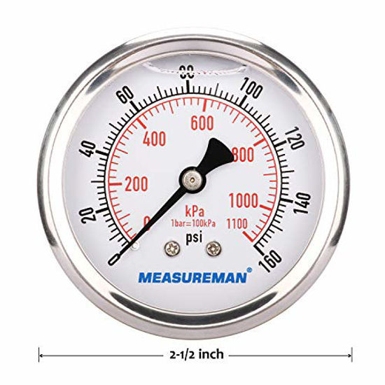 Picture of MEASUREMAN 2-1/2" Dial Size, Glycerin Filled Pressure Gauge, 0-160psi/kpa, 304 Stainless Steel Case, 1/4"NPT Center Back Mount