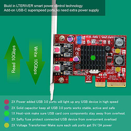 Picture of PCI Express to 2X USB 3.1 Gen2 Type C 10Gbps Ports Expansion Card for Windows 7,8,8.1,10,Server (32/64) and MAC OS 10.9,10.10,10.12,10.13,10.14,10.15 PCs-with Smart Power Control Technology(PCE-U312C)