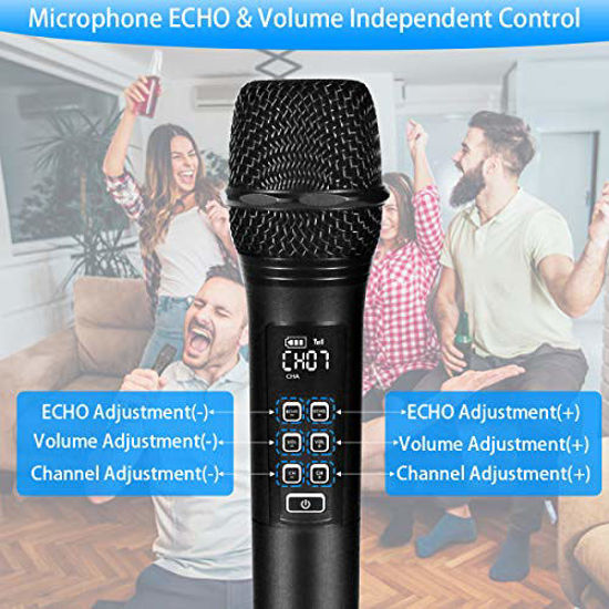 Picture of Kithouse K28 Rechargeable Wireless Microphone Karaoke Cordless Microphone with Volume & Echo Control and Receiver, UHF Handheld Dynamic Microphone for Singing Karaoke Speech, Black