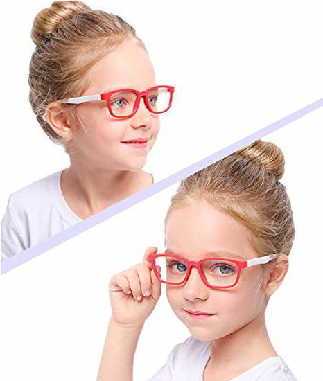 Picture of AHXLL Kids Blue Light Blocking Glasses 2 Pack, Anti Eyestrain & UV Protection, Computer Gaming TV Phone Glasses for Boys Girls Age 3-9 (Pink Green+ Transparent Blue)