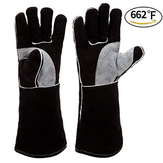 Picture of RAPICCA 14 Inches,662,Leather Forge/Mig/Stick Welding Gloves Heat/Fire Resistant, Mitts for Oven/Grill/Fireplace/Furnace/Stove/Pot Holder/Tig Welder/Mig/BBQ/Animal handling glove with 14 inches Long Sleeve - Black