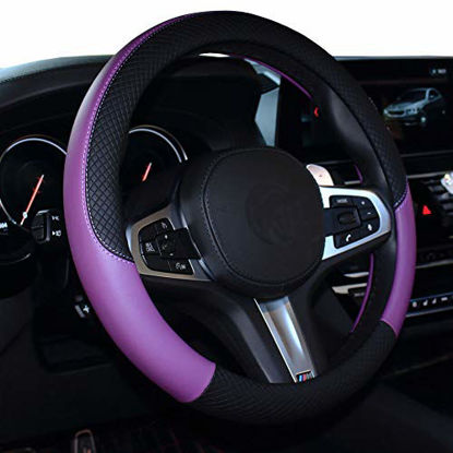 Picture of SHIAWASENA Car Steering Wheel Cover, Leather, Universal 15 Inch Fit, Anti-Slip & Odor-Free (Black&Purple)