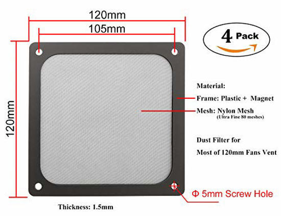 Picture of 120mm PC Computer Case Fan Dust Filter Grills with Magnet and Screws, Ultra Fine Nylon Mesh, Black Color - 4 Pack