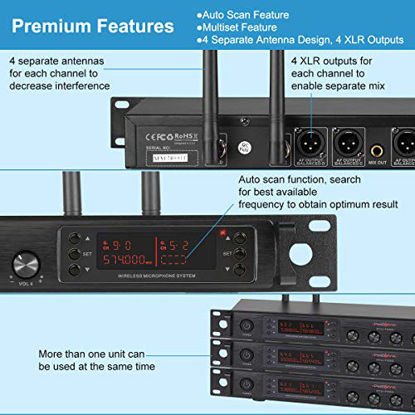 Picture of Wireless Microphone System, Phenyx Pro Quad Channel Cordless Mic Set with Four Bodypacks and Beige Headsets/Lapels, 4x40 Channels, Auto Scan,328ft Coverage, Ideal for DJ, Church,Events(PTU-7000B)