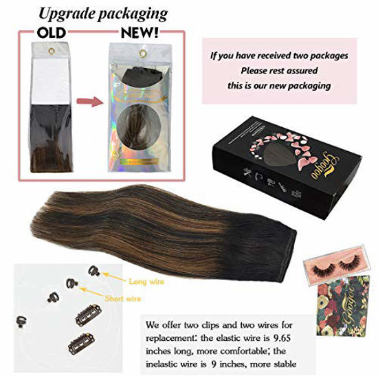 Picture of GOO GOO Halo Hair Extensions Human Hair Ombre Natural Black Mixed Chestnut Brown 12 Inch 70g Invisible Remy Human Hair Extensions Flip in Straight Hidden Crown Hair Extensions for Women