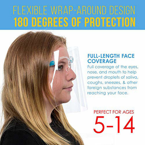 Picture of TCP Global Salon World Safety Kids Face Shields with Glasses Frames (Pack of 10) - 5 Colors, 2 Each - Protective Children's Full Face Shields to Protect Eyes, Nose, Mouth - Anti-Fog PET Plastic Goggle