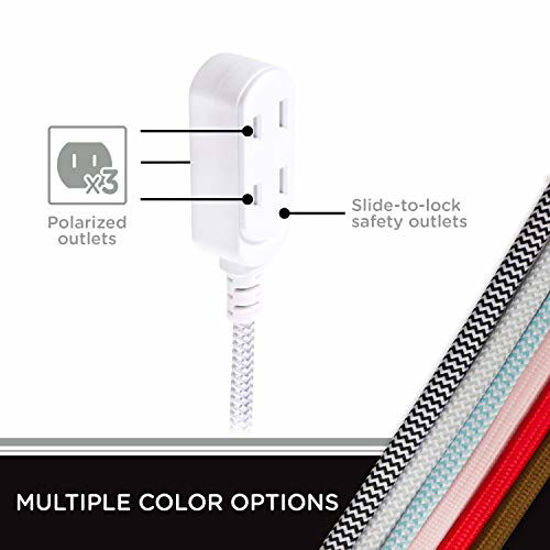 Picture of Cordinate, Gray/White, Designer 3 Extension Cord, 2 Prong Power Strip, Extra Long 8 Ft Cable with Flat Plug, Braided Chevron Fabric, Slide-to-Lock Safety Outlets, 39980