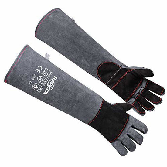 Picture of RAPICCA Animal Handling Gloves Bite Proof Kevlar Reinforced Leather Padding Dog,Cat Scratch,Bird Handling Falcon Gloves Grabbing,Reptile Squirrel Snake Bite 22in Grey-Black