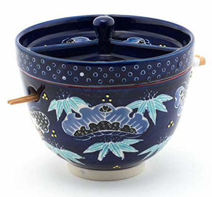 Picture of Happy Sales HSRB-BCLBB3, Multi Purpose Japanese Design Ceramic Ramen Udong Soba Tempura Noodle Pho Donburi Rice Tayo Bowl with Chopsticks and Condiment Lid 6"D, Blue Floral