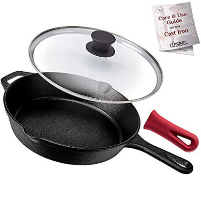 Picture of Cast Iron Skillet with Lid - 10"-Inch Frying Pan + Glass Cover + Heat-Resistant Handle Holder - Pre-Seasoned Oven Safe Cookware - Indoor/Outdoor Use - Grill, Stovetop, Camping Firepit, Induction Safe