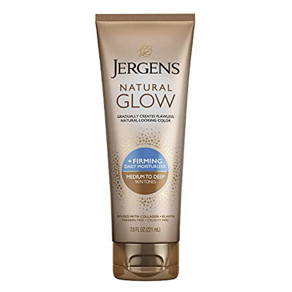 Picture of Jergens Natural Glow +FIRMING Self Tanner Lotion, Sunless Tanning Daily Moisturizer, Medium to Deep Skin Tone, featuring Collagen and Elastin, Helps to Visibly Reduce Cellulite, 7.5 Ounce