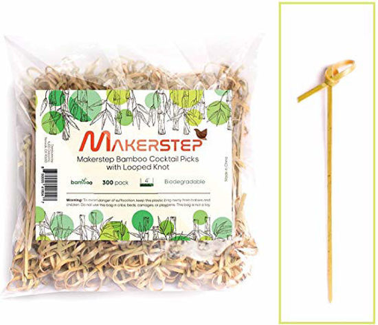 Picture of Makerstep Bamboo 4 inch Cocktail Picks, 300 Pack with Looped Knot, Natural Biodegradable Long Disposable Wood Toothpicks Skewers, Safe Natural Resource