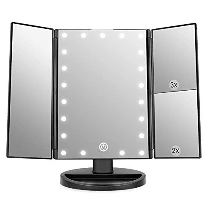 Picture of WEILY Lighted Makeup Mirror with 21 LED Lights, Trifold Vanity Mirror with 3X/2X/1X Magnification, Touch Screen, Dual Power Supply, 180 Degree Rotation Portable Mirrors for Travel (Black)