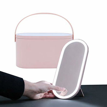 Picture of Travel Makeup Organizer Box with Mirror Light Up LED Mirror Portable Makeup Case Bag Professional Cosmetic Box Easy Carrying