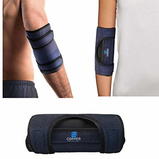 Picture of Copper Compression Elbow Immobilizer Brace for Men and Women. Support Cubital Tunnel Syndrome, Ulnar Nerve, Tendonitis, Tennis + Golfers Elbow, Sleeping. Adjustable Arm Splint Stabilizer + Protector