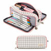 Picture of ANGOOBABY Large Pencil Case Big Capacity 3 Compartments Canvas Pencil Pouch for Teen Boys Girls School Students (Pink Strip Black Grid)