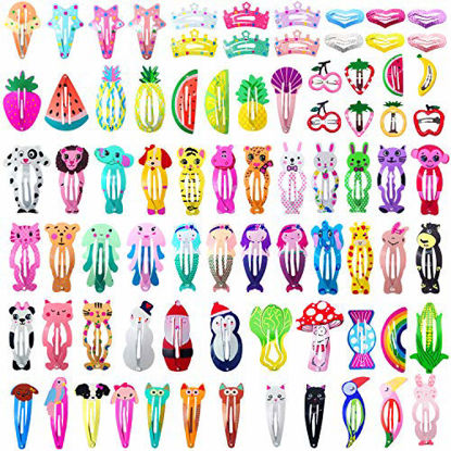 Picture of Girls Hair Clips Barrettes, Funtopia 80 Pcs Lovely Animal Fruit Printed Pattern Metal Snap Hair Clips Cartoon Design Hairpins for Kids Teens Pets