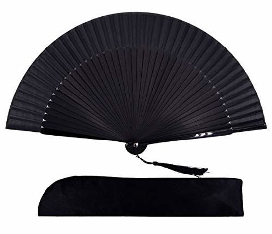 Picture of Amajiji 8.27"(21cm) Hand Held Bamboo Silk Folding Fan Hand Fan,Chinese/Japanese Charming Elegant Vintage Retro Style,Women Ladys Girls Best Gifts (Black)