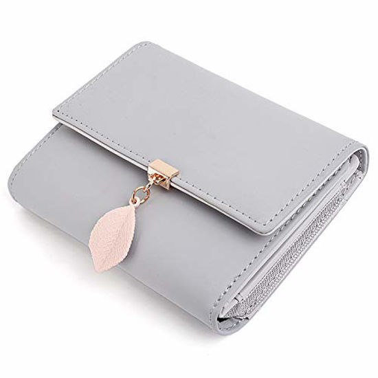 Picture of UTO Small Wallet for Women PU Leather Leaf Pendant Card Holder Organizer Zipper Coin Purse Ace Grey