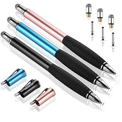 Picture of MEKO (2nd Gen)[2 in 1 Precision Series] Universal Disc Stylus Touch Screen Pen for iPhone,iPad,All Other Capacitive Touch Screens Bundle with 6 Replacement Tips,Pack of 3 (Black/Rose Gold/Aqua Blue)