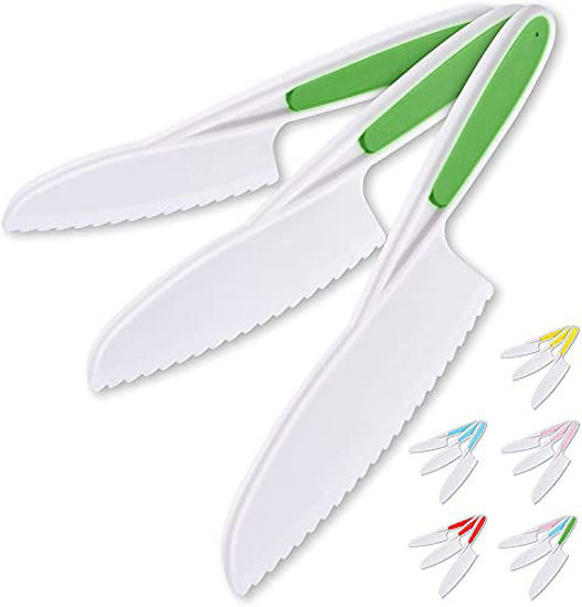 Picture of Zulay Kids Knife Set for Cooking and Cutting Fruits, Veggies & Cake - Perfect Starter Knife Set for Little Hands in the Kitchen - 3-Piece Nylon Knife for Kids - Fun & Safe Lettuce Knife (Green)