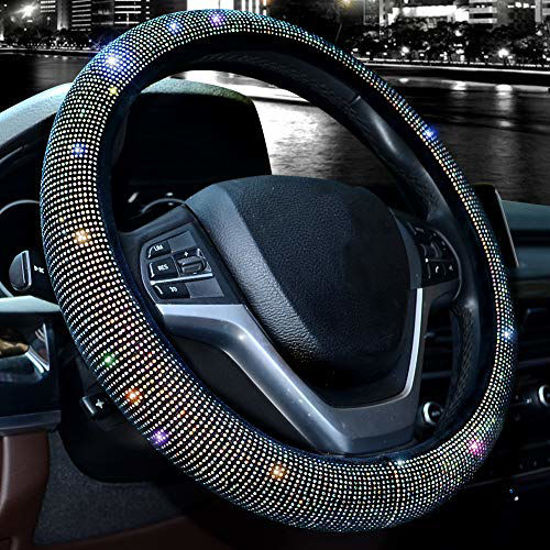 Picture of Valleycomfy Steering Wheel Cover for Women Men Bling Bling Crystal Diamond Sparkling Car SUV Wheel Protector Universal Fit 15 Inch (Black with Colorful Diamond,Standard Size(14" 1/2-15" 1/4))