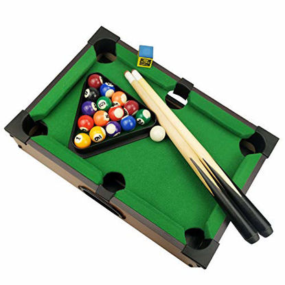 Picture of Benfu Mini Table Billiards Game, Home and Office Desktop Billiards Game, Including Pool Table 15 Colorful Balls, 1 Cue Ball, 2 Billiard Sticks, 1 Chalk Triangle Cube (14inches)