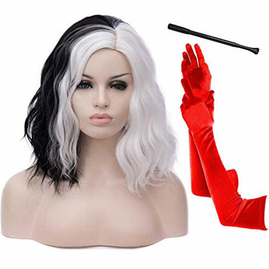 Picture of Black and White Wigs for Women Cruella Deville Costumes Short Curly Wavy Bob Hair Wig Cute Synthetic Wigs for Party Cosplay Halloween with Holder and 1920s Gloves AK009BW