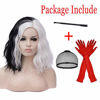 Picture of Black and White Wigs for Women Cruella Deville Costumes Short Curly Wavy Bob Hair Wig Cute Synthetic Wigs for Party Cosplay Halloween with Holder and 1920s Gloves AK009BW