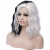 Picture of Black and White Wigs for Women Cruella Deville Costumes Short Curly Wavy Bob Hair Wig Cute Synthetic Wigs for Party Cosplay Halloween with Holder and 1920s Gloves AK009BW