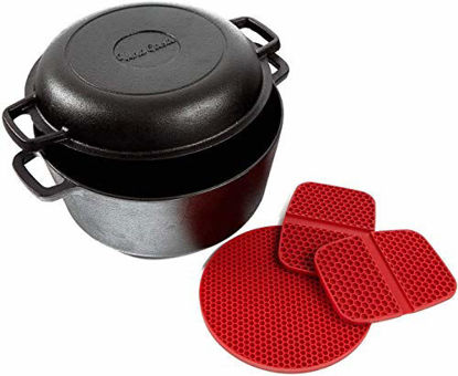 Picture of Uno Casa Cast Iron Dutch Oven with Lid - 2 in 1 Camping Set, Pre-Seasoned 5 Quart Pot and 1.6 Quart Pan - 2 Silicone Handle Covers and a Silicone Trivet Mat Included