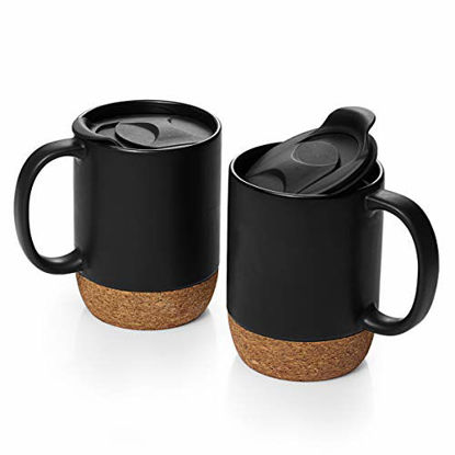 Picture of DOWAN Coffee Mugs Set of 2, 15 OZ Ceramic Mug with Insulated Cork Bottom and Splash Proof Lid, Large Coffee Mug with Handle for Men, Women, Matte Black