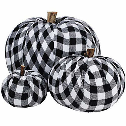 Picture of Package of 3 Assorted Burlap Pumpkins Fabric Pumpkins Buffalo Plaid Pumpkins Gingham Fabric Pumpkins Fall Thanksgiving Halloween Seasonal Holiday Farmhouse Tabletop Decoration