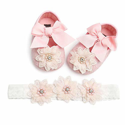 Picture of Infant Baby Girl Pink Shoes Princess Floral Mary Jane Flats Wedding Dress Shoes with Floral Headband