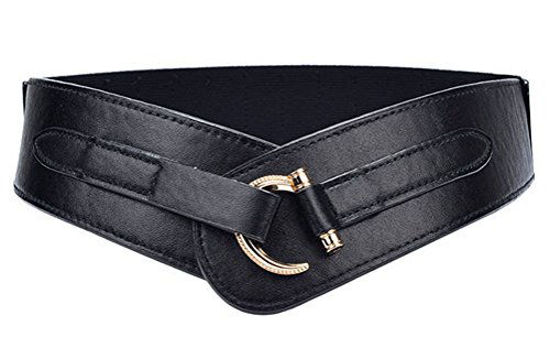 Picture of Women Leather Belt Hook Designed Buckle Wide Waist Belt Elastic Stretch Waist Band, Black, Large