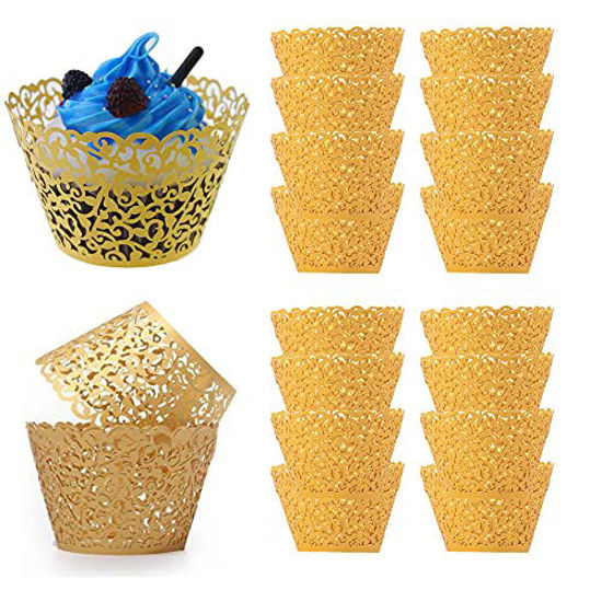 Picture of WSERE 60 Pieces Gold Cupcake Wrappers, Lace Liner Muffin Paper Cake Wraps Decorations, Safety Health for Wedding Party Birthday Decor