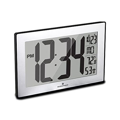 Picture of Marathon CL030068 Slim Panoramic Atomic Wall Clock with Table Stand (Black/Stainless Steel)