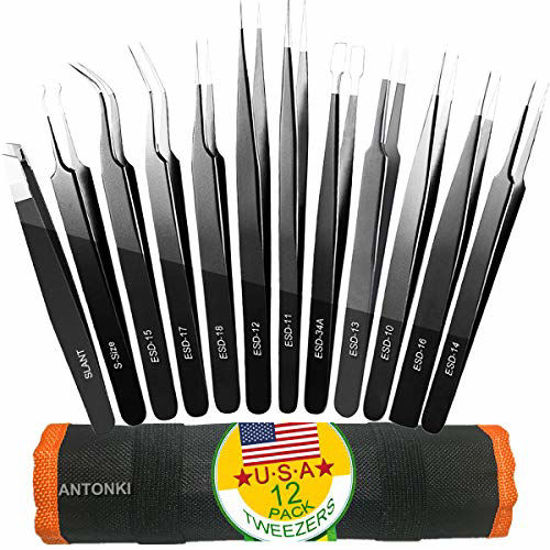 Picture of Tweezers, Precision Tweezer Set, Craft Tweezers, Soldering Tweezers, Jewelry Tweezers, Ingrown Tweezers, Eyelash Extension Tweezers, Eyebrow Tweezers - 12 Pack Super Valued Set with Handy Case