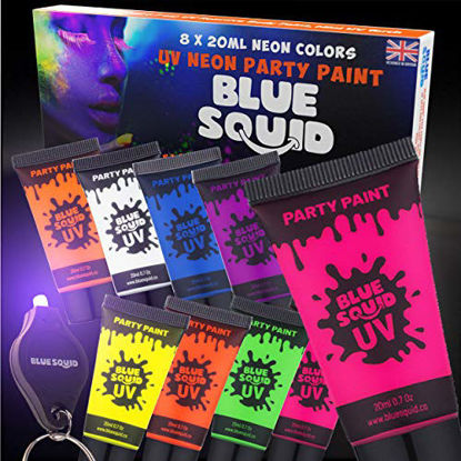 Picture of UV Face & Body Paint Set - Blue Squid, 8 Liquid UV Body Paints (8 Large 0.7 fl oz) +Free Bonus Mini Ultraviolet Flashlight - Glow in The Dark Neon Face & Body Paint - Black Light Reactive Neon Paints