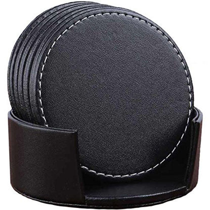 Picture of CARLWAY Set of 6 Leather Drink Coasters Round Cup Mat Pad for Home and Kitchen Use Black, 3.94"