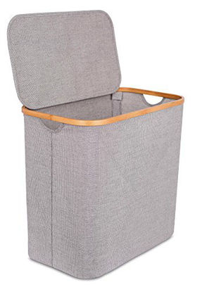 Picture of BIRDROCK HOME Bamboo & Canvas Hamper - Single Laundry Basket with Lid - Modern Foldable Hamper - Cut Out Handles - Grey Narrow Design - Great for Kids Adults