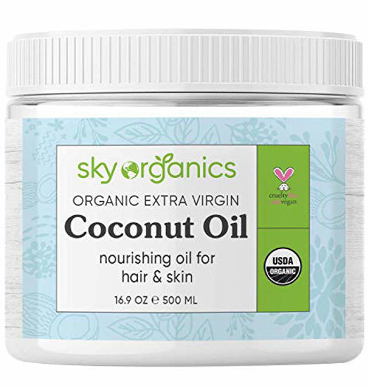 Picture of Organic Extra Virgin Coconut Oil by Sky Organics (16.9 oz) USDA Organic Coconut Oil Cold-Pressed Kosher Cruelty-Free Unrefined Coconut Skin Moisturizer Hair Mask