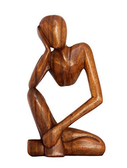 Picture of G6 COLLECTION 12" Wooden Handmade Abstract Sculpture Statue Handcrafted - Thinking Man - Gift Art Decorative Home Decor Figurine Accent Decoration Artwork Hand Carved (Brown)