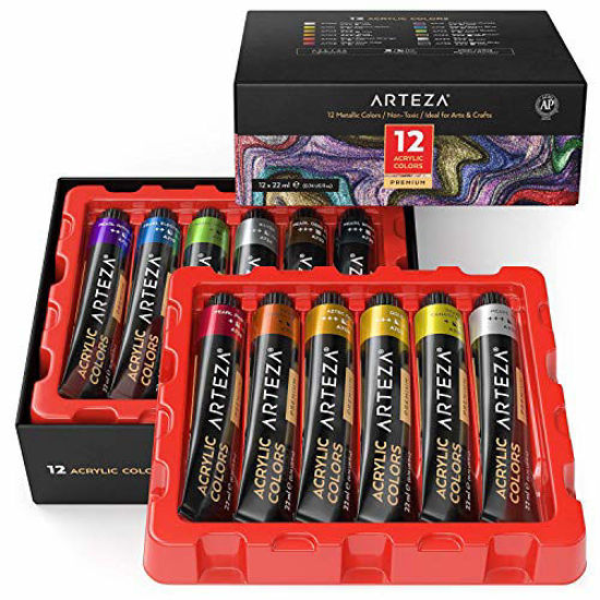 Picture of Arteza Metallic Acrylic Paint, Set of 12 Colors/Tubes (0.74 oz., 22 ml) with Storage Box, Rich Pigments, Non Fading, Non Toxic Paints for Artist & Hobby Painters, Ideal for Canvas Painting
