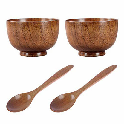 Picture of NUOMI 2 Set Wooden Soup/Rice Bowls with Wood Spoons for Eating, Small Noodle/Snacks Bowl and Spoon Dinnerware Set