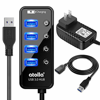 Picture of Powered USB Hub Long Cord, atolla USB 3.0 Hub 4 + 1 Data Transfer and Charging Multiport with Power Supply Adapter 15W (5V/3A) and 3.3ft Meter USB 3 Extension Cable