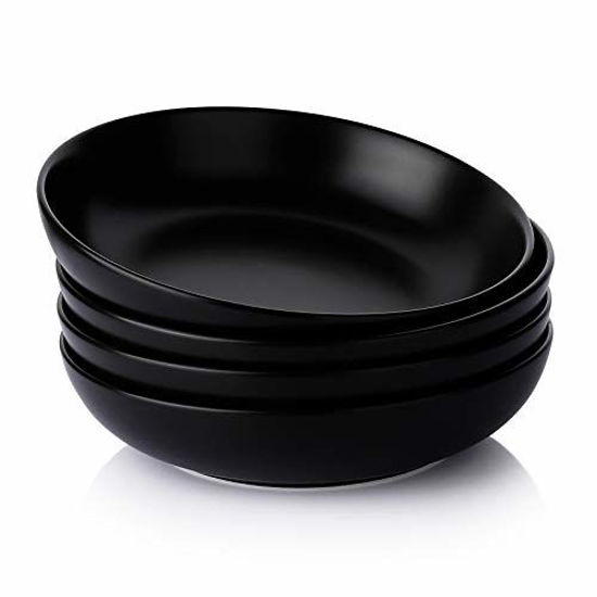 Picture of Teocera Pasta Bowls, Large Salad Bowls, Porcelain Bowl Set, Wide and Shallow, Microwave and Dishwasher Safe, 35 Ounce - Set of 4, Matte Black