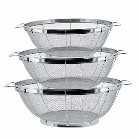 Picture of U.S. Kitchen Supply - 3 Piece Colander Set - Stainless Steel Mesh Strainer Net Baskets with Handles & Resting Base - 11" 5 Quart, 9.5" 4 Quart and 8.5" 3 Quart - Strain, Drain, Rinse, Steam or Cook